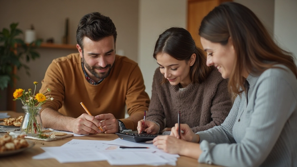 Профессиональное фото семьи, планирующей бюджет за столом с документами и калькулятором