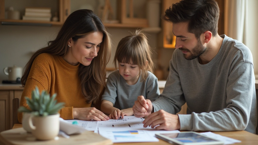 Семья обсуждает финансовый план с документами и таблицами расходов на столе