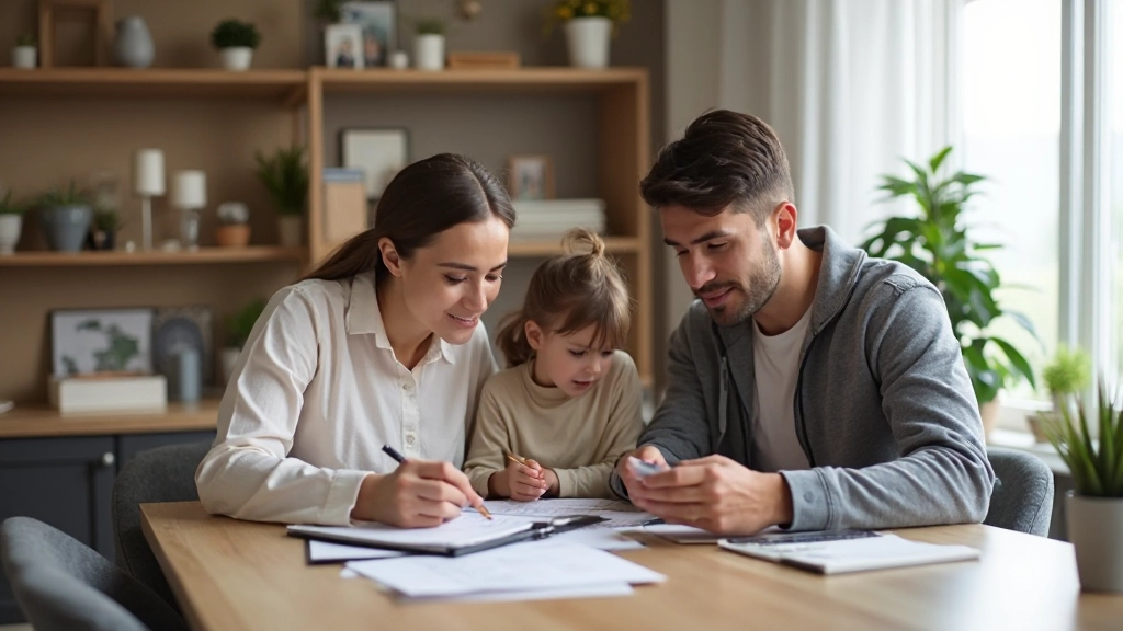 Семья планирует бюджет с помощью документов и калькулятора за столом