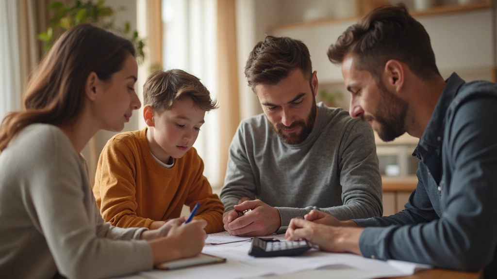Семья планирует финансовые накопления за столом с документами и калькулятором